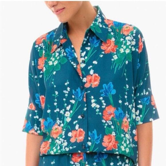 Tuckernuck Blouse Jade Blooms Farris Button Up Top Glass Button Black Tie S - Picture 2 of 8